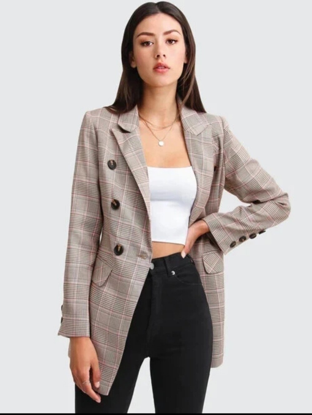 NWT BELLE & BLOOM double-breasted prince of wales checked woven blazer SIZE XL